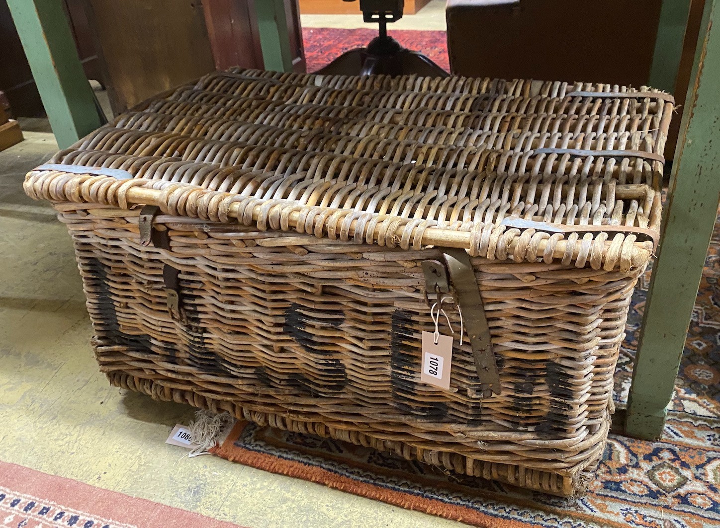 A vintage laundry hamper and a smaller basket, larger width 76cm, depth 52cm